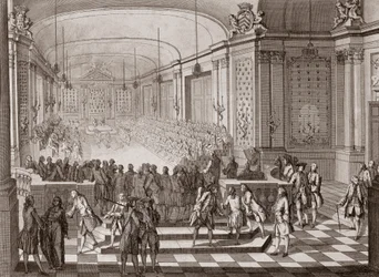 Innenansicht der Jakobinerhalle in Nantes während der Versammlung der Vereinigten Staaten von Bretagne im Jahr 1764.