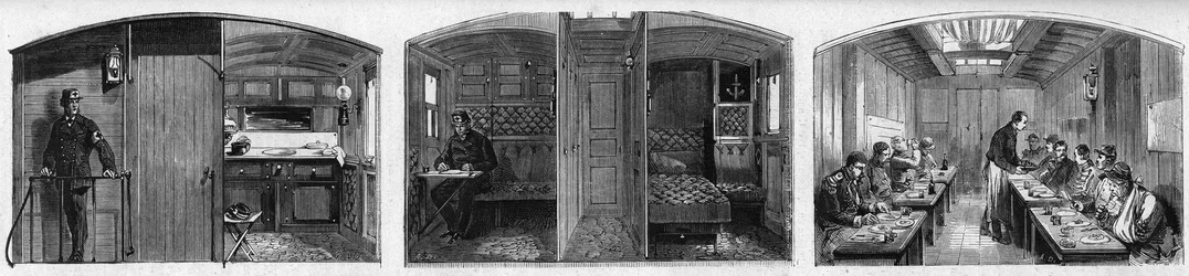 Innenansicht des medizinischen Wagens und des Speisewagens eines medizinischen Zuges der französischen Société de secours aux blessés militaires. Gravur in „Le Monde Illustré“ Nr. 846 vom 28. Juni 1873.