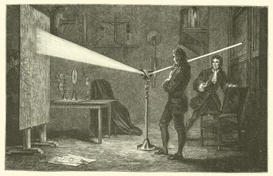 Isaac Newton zerlegt Licht (Stich)