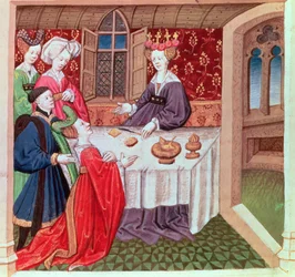 Isolde bittet Königin Guinevere um Schutz, Roman du Chevalier Tristan