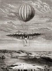 Jacob Degens Ornithopter von 1808 mit Klappenventilen, bei dem der Pilot auf einem starren Rahmen stand und die Flügel mit einer beweglichen horizontalen Stange betätigte, aus 