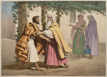 Jakob mit Laban und seinen Töchtern, Illustration aus einem Katechismus L