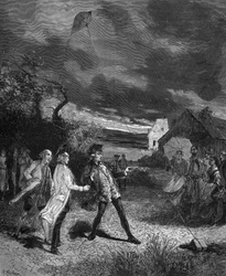 Jacques de Romas (1713-1776), französischer Physiker, experimentiert mit einem Drachen, um atmosphärische Elektrizität zu erfassen, 1752