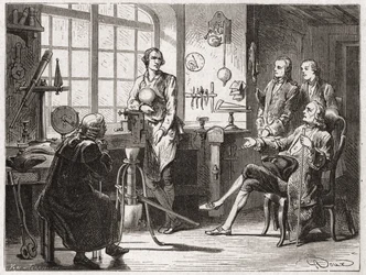 James Watt (Erfinder der Dampfmaschine im Jahr 1769) in seiner Werkstatt in Glasgow - im „Album der Wissenschaft; berühmte Wissenschaftler; Große Entdeckungen“ 1896