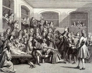 Jansenismus: die Konvulsionäre des Friedhofs Saint-Médard am Grab des Diakons Parés (1690 - 1727), wo „Wunder“ geschahen. Druck des 18. Jahrhunderts