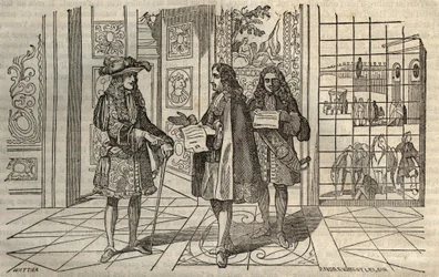 Jean-Baptiste Colbert (1619-1683) in einer Besprechung mit König Ludwig XIV. und François Louvois (1641-1691) in Versailles - Gravur nach Leclerc