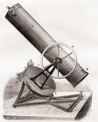 Jean Bernard Léon Foucaults Spiegelreflektorteleskop auf einer äquatorialen Montierung, nach einer Zeichnung des 19. Jahrhunderts, aus Les Merveilles de la Science, veröffentlicht um 1870 (Gravur)