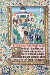 Jesus isst im Haus des Zöllners Zachäus und der Einzug in Jerusalem, Miniaturen aus dem Lukasevangelium