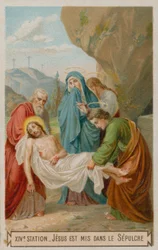 Jesus wird ins Grab gelegt. Die vierzehnte Station des Kreuzwegs