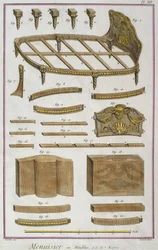 Tischler, eine Couch, Illustration aus der Encyclopedie des Sciences et Metiers von Denis Diderot, graviert von Robert Benard, veröffentlicht um 1770 (Farbstich)
