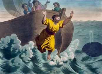 Jona wird ins Meer geworfen, Illustration aus einem Katechismus L