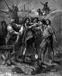 Joseph Marie Jacquard (1752-1834), französischer Mechaniker, Erfinder des Webens, bedroht von Lyoner Canuts