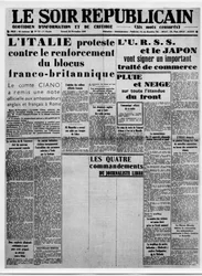Journalismus. Pressezensur während des Krieges: weiße Spalten für den Artikel mit dem Titel „Die vier Gebote des freien Journalisten“. Die Schlagzeilen: „Italien protestiert gegen die Verstärkung der französisch-britischen Blockade“, die UdSSR und Japan we