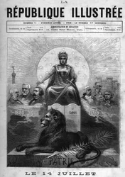 14. Juli: Allegorie der Französischen Republik. Eine Frau, gekrönt mit Lorbeeren und ein Schwert haltend. Zu ihren Füßen ein Löwe, eine Palme und die Tafel der Gesetze. Darüber das Motto der Republik „Liberté, Égalité, Fraternité“. An den Seiten intellektu