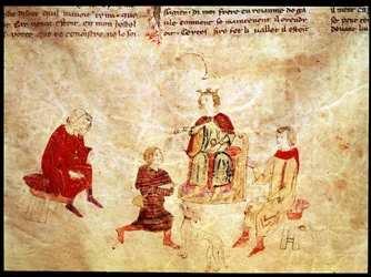 König Artus auf seinem Thron, umgeben von seinen Beratern, aus dem Roman de Meliadus