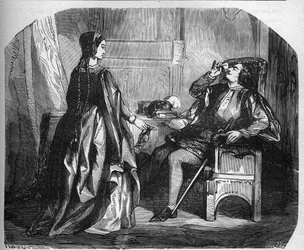 König Karl VI. von Frankreich, bekannt als Karl der Gute, dann Karl der Verrückte (1368-1422) mit seiner Geliebten Odinette (Odette) de Champdivers. Gravur in „Die Geschichte der Prostitution und Ausschweifung bei allen Völkern der Welt von der Antike bis 