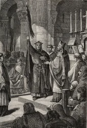 König Ludwig VII. (1120-1180) nimmt das Oriflamme in der Basilika von Saint Denis in Anwesenheit von Königin Alienor von Aquitanien und erhält die Hummel und den Pannetiere des Pilgers aus den Händen von Papst Eugen III. (? -1153) vor seiner Abreise...