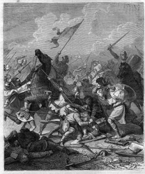 König Otto I. von Germania, genannt der Große (912-973), überrascht von den Rebellen in Rom. Gravur in „Histoire des Papes-Rois-Queen and Empereurs à travers les siècles“ von Maurice Lachatre