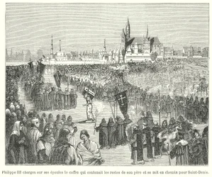 König Philipp III. von Frankreich trägt die Gebeine seines Vaters, Ludwig IX., zu seiner Beerdigung in die Basilika von St. Denis, Paris