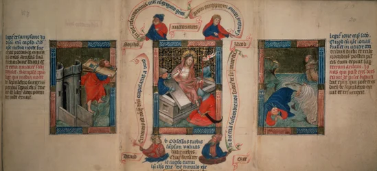 Die Auferstehung, Samson bricht die Tore von Gaza, Jona entkommt dem Wal, aus der Biblia Pauperum, frühes 15. Jahrhundert