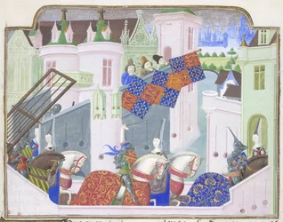 Ritter und Damen reiten zu einem Turnier in London, aus Froissarts Chronik, Ende des 15. Jahrhunderts