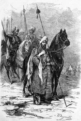Kurdische Soldaten im Jahr 1877 während des Ostkrieges (1875-1878) auch genannt der Türkisch-Russische Krieg. Gravur in „Le Monde Illustré“ Nr. 1055 vom 30. Juni