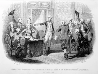 La Fayette bietet der Gemeinde Paris die Trikolore-Kokarde an (31. August 1789) - in „Fastes de Gardes nationales de France“