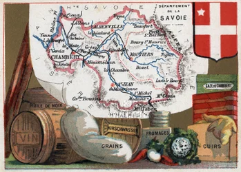 La Savoie (73), Rhone Alpes (Rhone-Alpes), Frankreich. Serie über die französischen Departements. Lokale Spezialität: Walnussöl, Wein, Getreide, Kirschwasser (Kirsch), Käse, Chambéry-Gaze und Leder. Chromolithographie „der geografische Faden“, um 1920. Pri