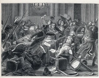 Der Terror während der Französischen Revolution: Verhaftung von Maximilien de Robespierre (1758-1794) und seinen Anhängern im Hôtel de Ville de Paris am 9. Thermidor Jahr II (27. Juli 1794). In der Mitte schießt ein Gendarm mit einer Pistole auf Robespierr