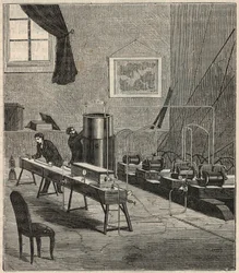 Die Verflüssigung von Gasen im Labor von Raoul Pictet (1878) - Raoul Pierre Pictet (1846-1929), Schweizer Physiker, führt ein Experiment zur Verflüssigung und Verfestigung von Wasserstoffgas durch und untersucht die Eigenschaften von Stoffen bei niedrigen 