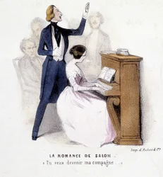 La romance de salon: Mann singt Klavierbegleitung einer Frau, von Lonsay, ca. 1845.