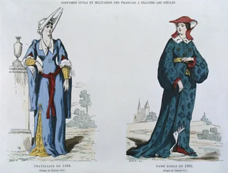 Dame im Jahr 1498 unter der Herrschaft von Karl VIII. (1470-98), Adlige Frau im Jahr 1395 unter der Herrschaft von Karl VI. (1380-1422), aus Costumes civils et militaires des francais a travers les siecles