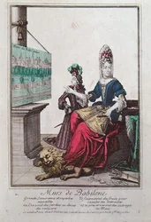 Dame zeigt ein Bild von Semiramis und den Hängenden Gärten von Babylon