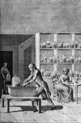 Lavoisier in seinem Labor im Arsenal, zeigt ein Experiment zur Atmung, 18. Jahrhundert