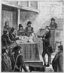 Lavoisiers Prozess - Antoine Laurent de Lavoisier (1743-1794), französischer Chemiker vor dem Revolutionstribunal - Gravur in "Sciences à la gratete de tous - physics et chimie populaires" von Alexis Clerc - Ende 19. Jahrhundert - Privatbesitz