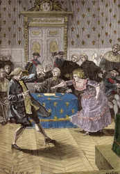 Prozess der Halskettenaffäre der Königin Marie-Antoinette - Vor dem Parlament von Paris drängt Cagliostro die falsche Gräfin von Lamotte-Valois zu weit, eine Intrigantin, die den Kardinal von Rohan täuschte. 31. Mai