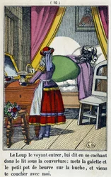 Rotkäppchen im Zimmer des Wolfs - in Rotkäppchen, ed. Pellerin, Epinal, 19. Jahrhundert