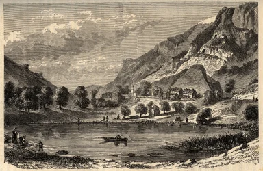 Le Lauzet-Ubaye - Der See von Lauzet - Gemeinde im Département Alpes-de-Haute-Provence im Südosten Frankreichs - Gravur in „PATRIE - DESCRIPTION PICTURESQUE DE LA FRANCE EN 6 VOLUMES“ von Lucien Huard - Ende des 19. Jahrhunderts