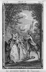 Der erste Kuss der Liebe. Illustration zu „Julie oder Die neue Héloïse“ von Jean-Jacques Rousseau (1712-1788), Ausgabe von 1769