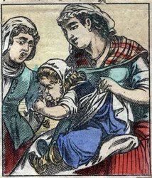 Lemuel Gulliver im Land der Riesen von Brobdingnag. Illustration für „Gullivers Reisen“ von Jonathan Swift (1667-1745). Epinal-Bild Ende des 19. Jahrhunderts.