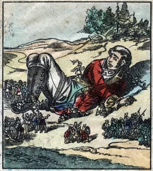 Lemuel Gulliver erwacht nach seinem Schiffbruch und wird von den Lilliputanern gefangen genommen. Illustration für "Gullivers Reisen" von Jonathan Swift (1667-1745). Epinal-Bildgebung Ende des 19. Jahrhunderts.