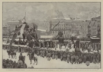 Die Beerdigung von Kaiser Wilhelm, Der Zug unter dem Triumphbogen der Friedrichstraße, Promenade des Tilleuls (Gravur)