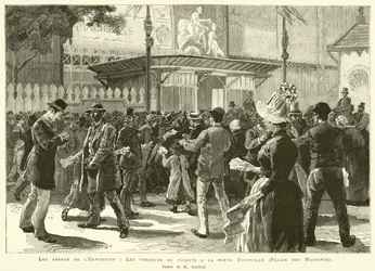 Die Umgebung der Ausstellung, Die Ticketverkäufer am Tor Tourville, Palais des Machines, Zeichnung von M. Guilliod (Gravur)