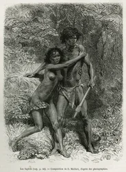 Die flüchtigen Aborigines, Gravur nach einer Zeichnung von D. Maillart, zur Illustration der Geschichte sechs Monate in Australien, von Désiré Charnay, einer Mission des Ministeriums für öffentliche Bildung, 1878, veröffentlicht in der Tour du monde, unter
