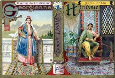 Buchstabe G als georgische Kaukasus-Dame und H als hinduistische Edeldame. Frauenalphabet. Serie von 12 Bildern. Liebig-Werbung