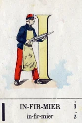 Buchstabe I wie Krankenschwester. Militäralphabet. Bild von Epinal, ca. 1870-1880. Schablonierte Holzschnitte