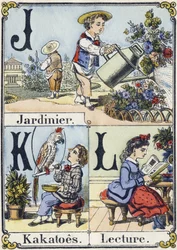 Buchstaben J, K und L: Gärtner, Kakadus und Lesen. Unterhaltsames Alphabet. Epinaler Bildgebung. Schablonierte Holzschnitte, um 1880. Kleines Heft mit 16 Seiten