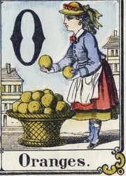 Buchstabe O: Orangen. Unterhaltsames Alphabet. Epinaler Bildgebung. Schablonierte Holzschnitte, um 1880. Kleines Heft mit 16 Seiten
