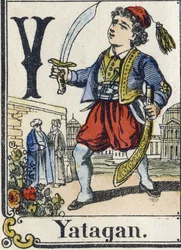 Buchstabe Y: Yatagan. Unterhaltsames Alphabet. Epinaler Bildgebung. Schablonierte Holzschnitte, um 1880. Kleines Heft mit 16 Seiten