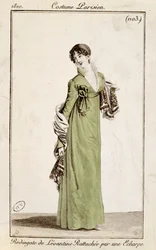 Levantiner Frack, befestigt mit einem Schal, Modeplatte aus Costume Parisien, 1810